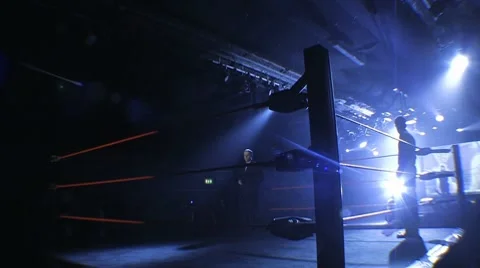 Professional Wrestling Ring & Dramatic Blue Stage Lighting, Wide Angle HD Stock Footage