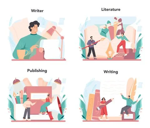 Professional writer concept set. Author writing script of a novel. Stock Illustration