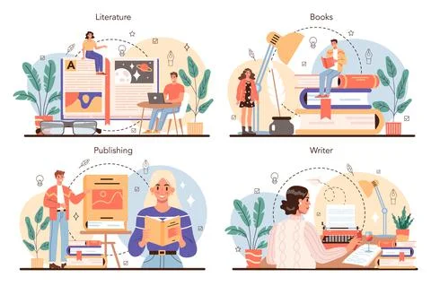 Professional writer concept set. Author writing script of a novel. Stock Illustration