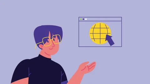 Professional young man with glasses gesturing towards interactive web brows.. 動画素材 339056990