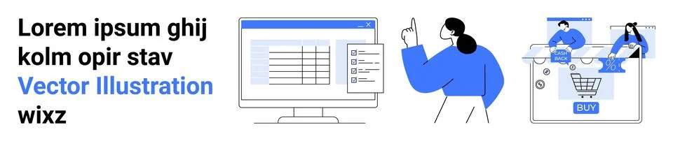 Professionals analyzing data on computer, reviewing e-commerce processes, and Stock Illustration