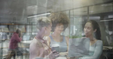 Professionals arriving table exchanging coffee cup opening laptop and loading Stock Footage 310317924