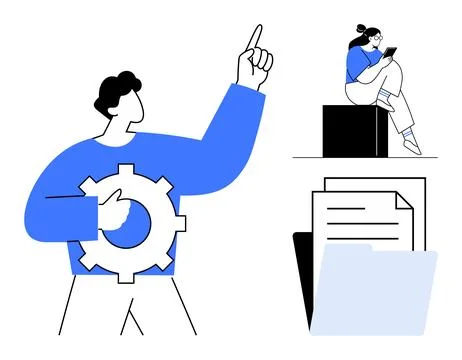 Professionals Collaborating and Analyzing Documents for Efficient Workflow .. Stock Illustration