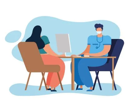 Professionals doctor using computer with patient characters Illustrazione stock