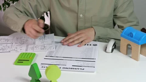 A professionals hands use a calculator to meticulously work out construction Stock Footage 315496357