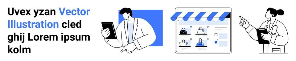 Professionals interacting with digital elements, holding tablet and pointing  스톡 일러스트