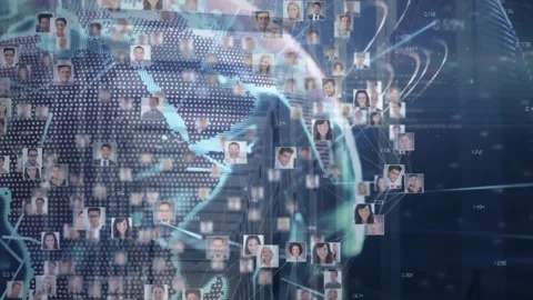 Professionals networking on tech interface, showing dotted globe with portrait Stock Footage 329697804