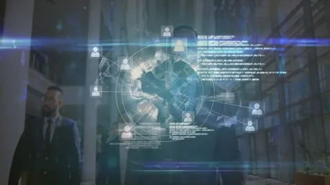 Professionals walking office lobby, tech overlays displaying holographic globe Stock Footage 329310824