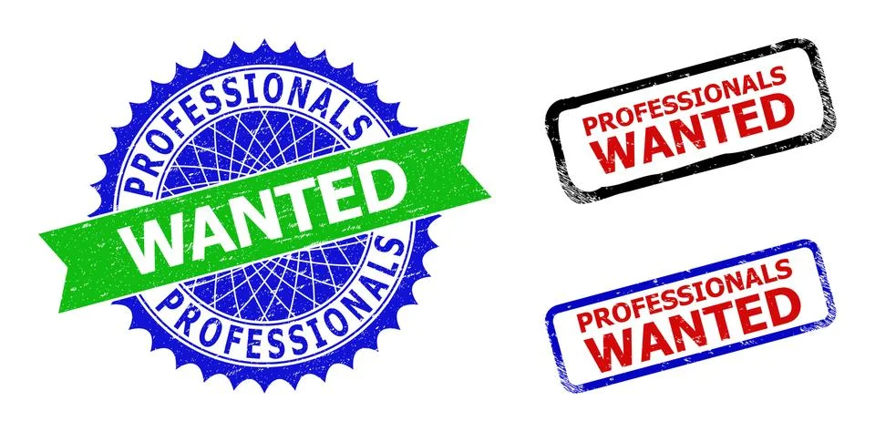 PROFESSIONALS WANTED Rosette and Rectangle Bicolor Watermarks with Distress S Stock Illustration