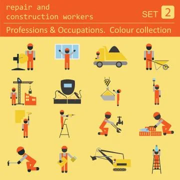 Professions and occupations coloured icon set. Repair and construction worker Illustration