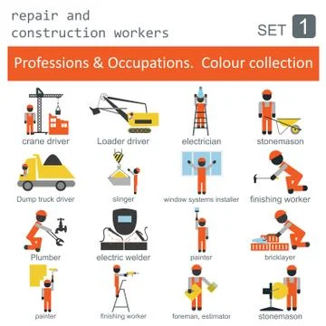 Professions and occupations coloured icon set. Repair and construction worker Stock Illustration