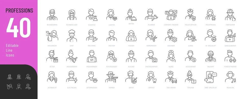 Professions line Editable Icons set. 库存插图