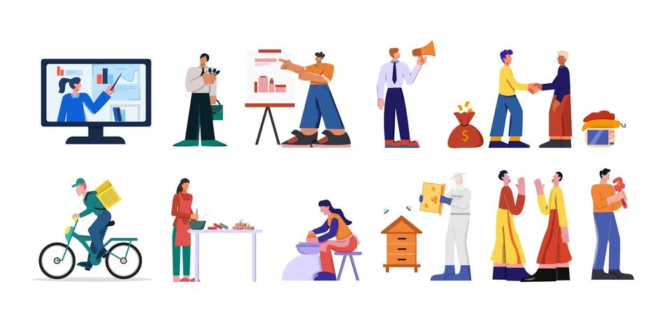 Professions set. Experienced plumber master experienced business analyst Stock Illustration