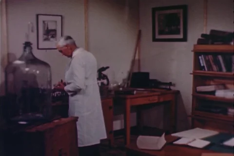 Professor Alexander Fleming checks contaminated culture plate - 1950 스톡 동영상 105682515