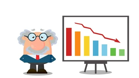 Professor Cartoon Character With Pointer Presenting A Falling Chart Stock Footage 136228186