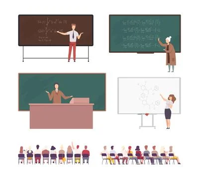 Professor explaining seminar or lecture in auditorium. Male and female students Illustrazione stock