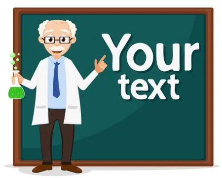 Professor with a flask in his hands points to the Board for your text. Stock Illustration
