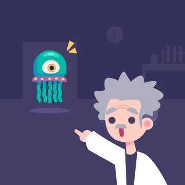 Professor Pointing an Alien Flat Design Alien Invasion Illustration Illustration