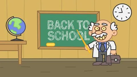 Professor pointing pointer stick at school board with inscription back to s.. Illustrazione stock