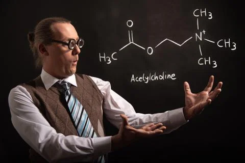Professor presenting handdrawn chemical formula of acetylcholine Stock Photos