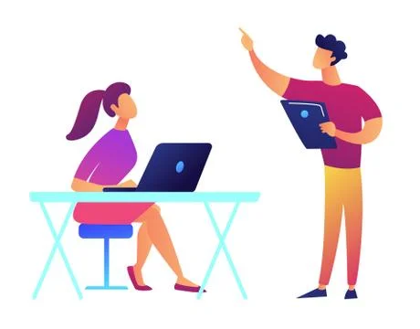 Professor with tablet pointing and student with laptop vector illustration. Stock Illustration