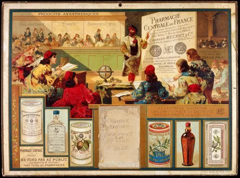 A professor teaching pharmacy to students in mid-16th century Paris; repres.. Stock-Illustration