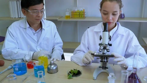 Professors are teaching young scientists to do scientific experiments. Stock Footage 122063418