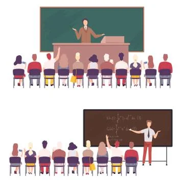 Professors Giving Task, Explaining Seminar, Lecture to Students Sitting in Stock Illustration