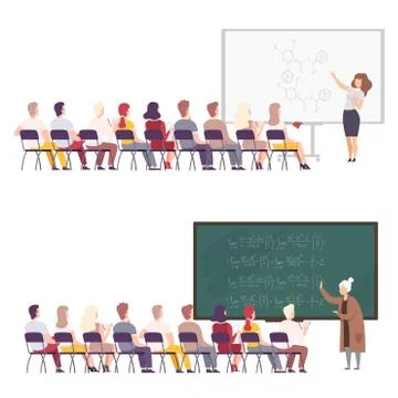 Professors Giving Task, Explaining Seminar, Lecture to Students Sitting in Stock Illustration