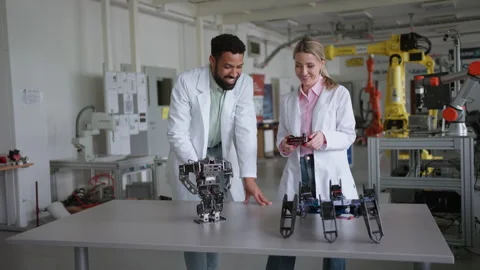 Professors, teachers in engineering looking at students project, testing and Stock Footage 277210806