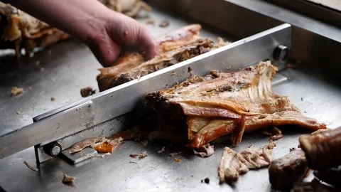 Proffesional chef cutting baked meat po peaces Stock Footage 88828090