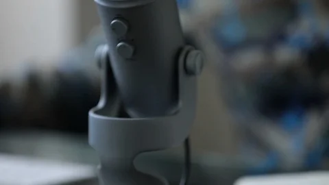 Proffesional Microphone And Computer Work Station In Modern Office With Slo-M Stock Footage 96127314