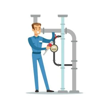 Proffesional plumber man character installing a water meter on a pipeline Stock Illustration