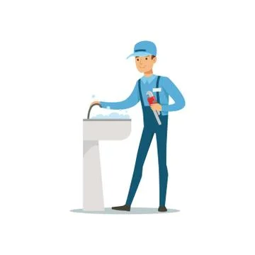 Proffesional plumber man character with monkey wrench repairing faucet tap Stock-Illustration