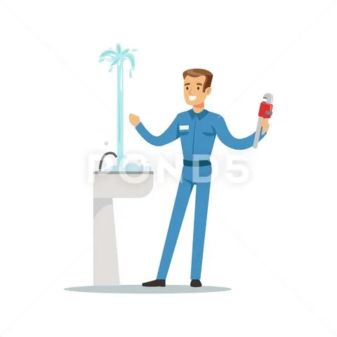 Proffesional plumber man character repairing leaking pipe, plumbing work vector Stock Illustration