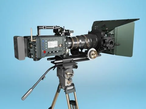 Proffesional video camera 3d render on blue gradient Illustrazione stock