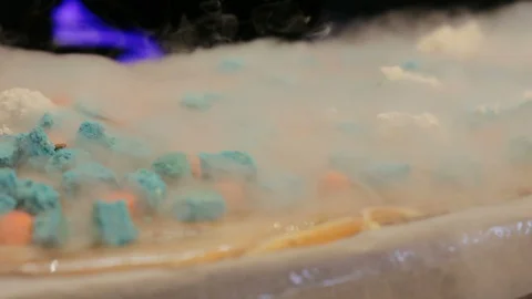 Proffessional chef in gloves cooks dessert with dry ice. Confectionery Stock Footage 128248015