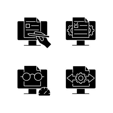 Proficiency in document management black glyph icons set on white space Illustrazione stock
