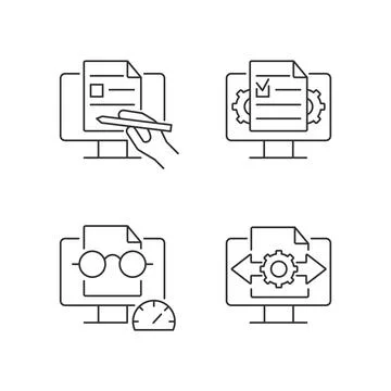 Proficiency in document management linear icons set Stock Illustration