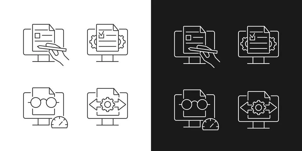Proficiency in document management linear icons set for dark and light mode Stock Illustration