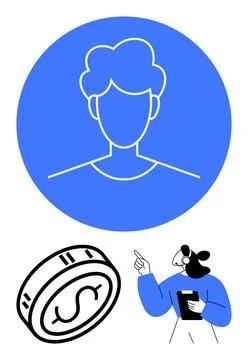 Profile avatar in blue circle, dollar coin, person taking notes and pointing. Illustrazione stock