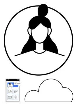 Profile avatar within a circle above a mobile app interface and a cloud symbo Illustrazione stock