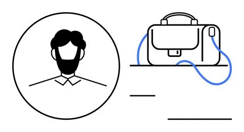 Profile of a bearded man within a circle next to a briefcase interconnected w Stock Illustration