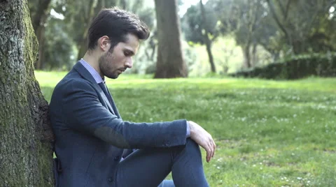 Profile of businessman under a tree, working with tablet Stock-Footage 64734411