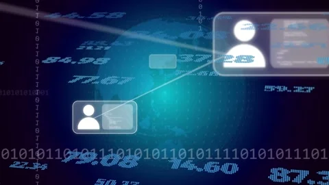 Profile card fading in, globe rotating, nodes linking, numbers scrolling, Stock Footage 335739769