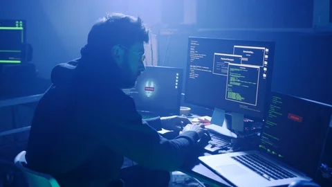 Profile of concentrated man typing data code on laptop keyboard at the workplace Stock Footage 108820545