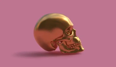 Profile of golden 3D rendering skull over pink background Stock Illustration
