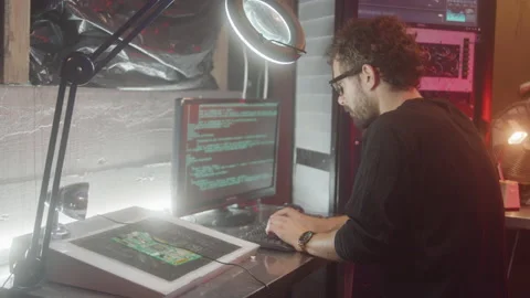 Profile of Hacker with Beard and Glasses Typing on Computer Keyboard Stock Footage 218459934