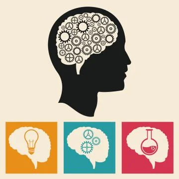 Profile head brain development gears icons Illustrazione stock