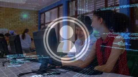 Profile icon and data processing over diverse boy and girl using computer at Vídeos de archivo 330174649